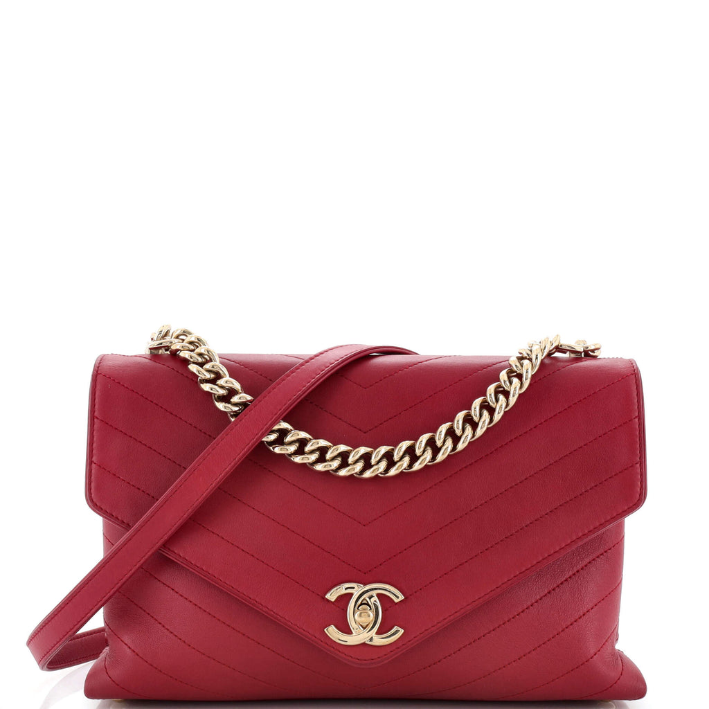 Chanel Coco Chevron Flap Bag Stitched Calfskin Medium Red 22325520