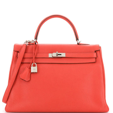 Hermes Kelly Handbag Red Clemence with Palladium Hardware 35