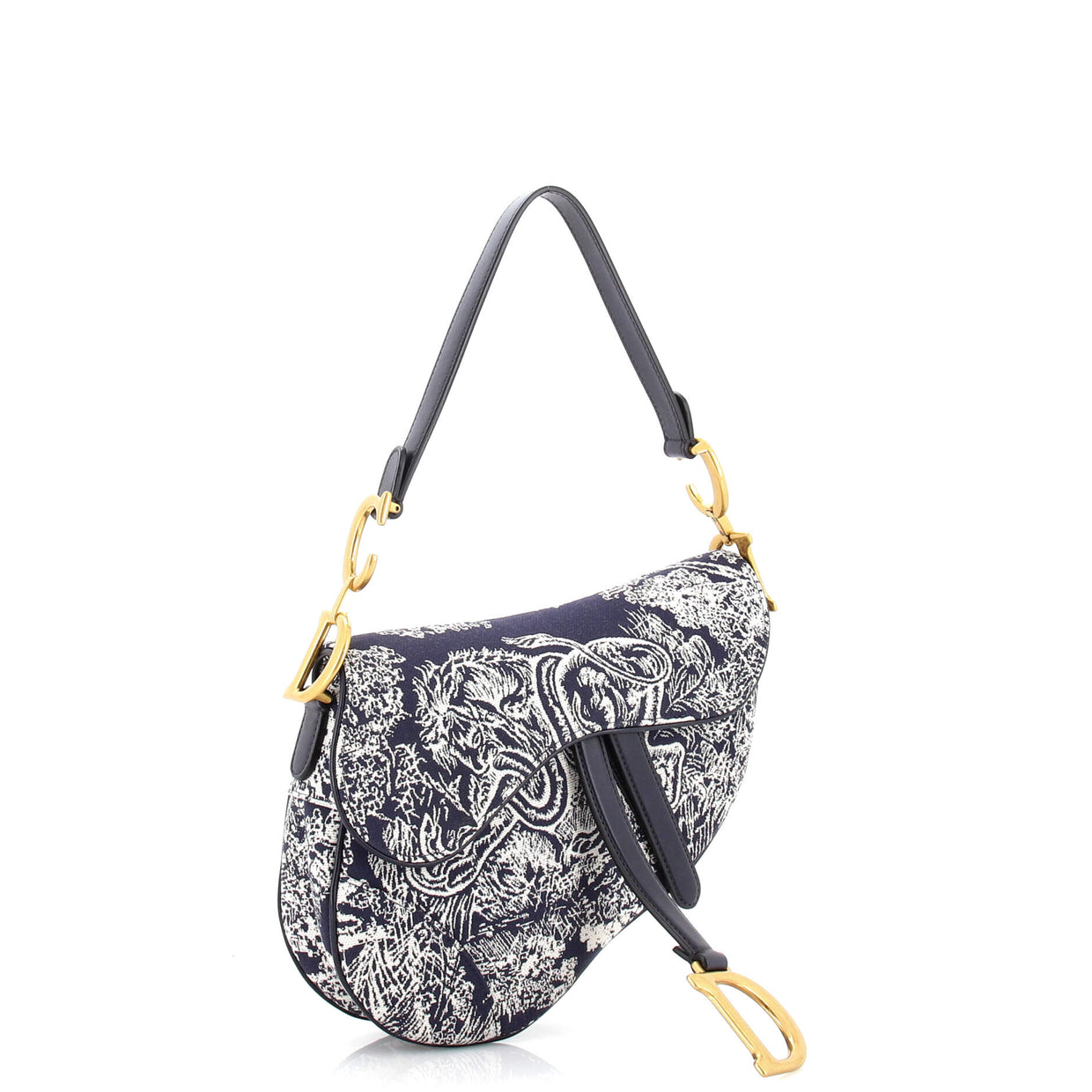 Christian Dior Toile De Jouy Saddle Bag Embroidered Canvas Medium Blue