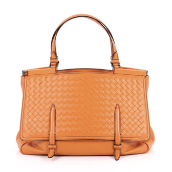 Bottega Veneta Monaco Convertible Satchel Leather with Intrecciato Detail Medium Orange 2233004