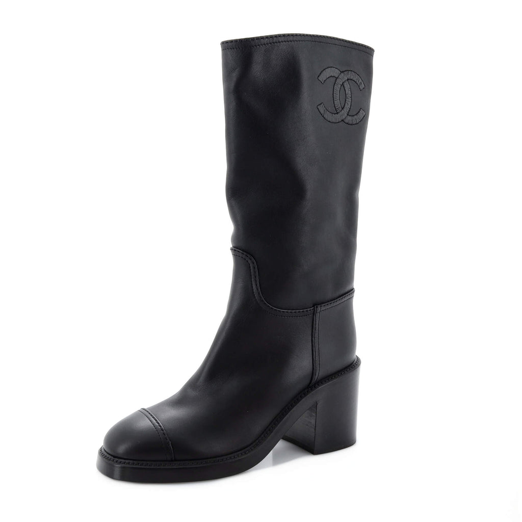 Chanel Women's Cap Toe CC Mid-Calf Boots Leather Black 2234262