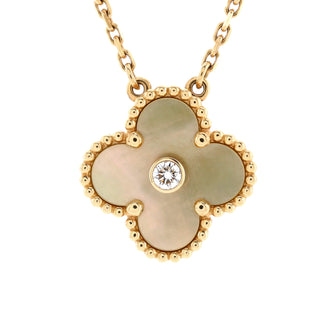 Van Cleef & Arpels Vintage Alhambra Pendant Necklace 18K Yellow Gold and Gold Mother of Pearl with Diamond