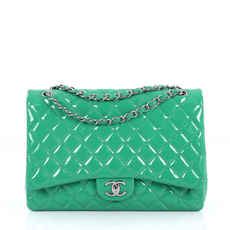 Chanel Classic Double Flap Bag Quilted Patent Maxi Green