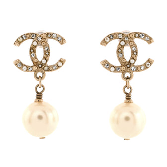 Chanel CC Pearl Drop Earrings Faux Pearl and Metal with Crystals