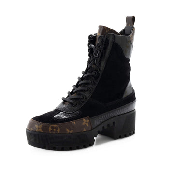 Louis Vuitton Women's Laureate Platform Desert Boots Suede with Monogram Canvas and Crocodile Embossed Patent