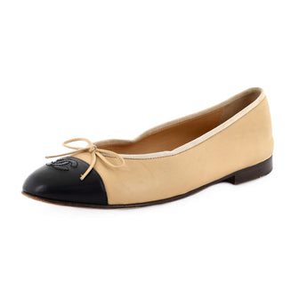 Chanel Women's CC Cap Toe Bow Ballerina Flats Leather