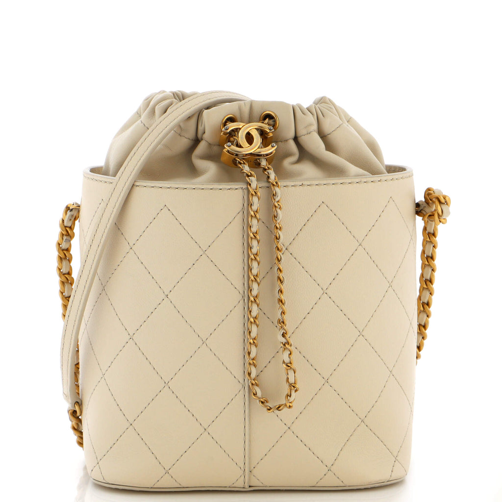 Chanel CC Drawstring Bucket Crossbody Bag Stitched Calfskin Medium Neutral  2238231