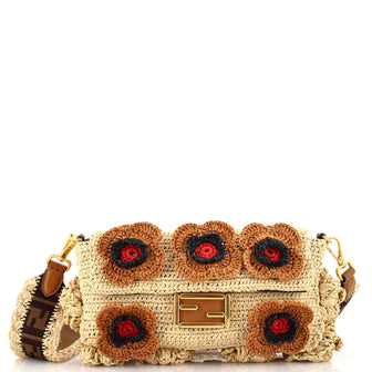 Fendi Baguette NM Bag Raffia with Floral Applique Medium