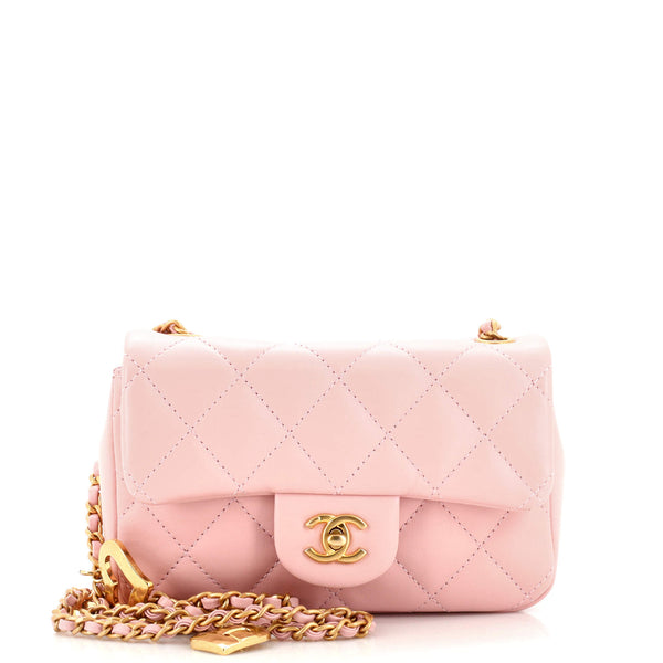 Chanel Heart Charms Flap Bag Quilted Lambskin Mini Pink