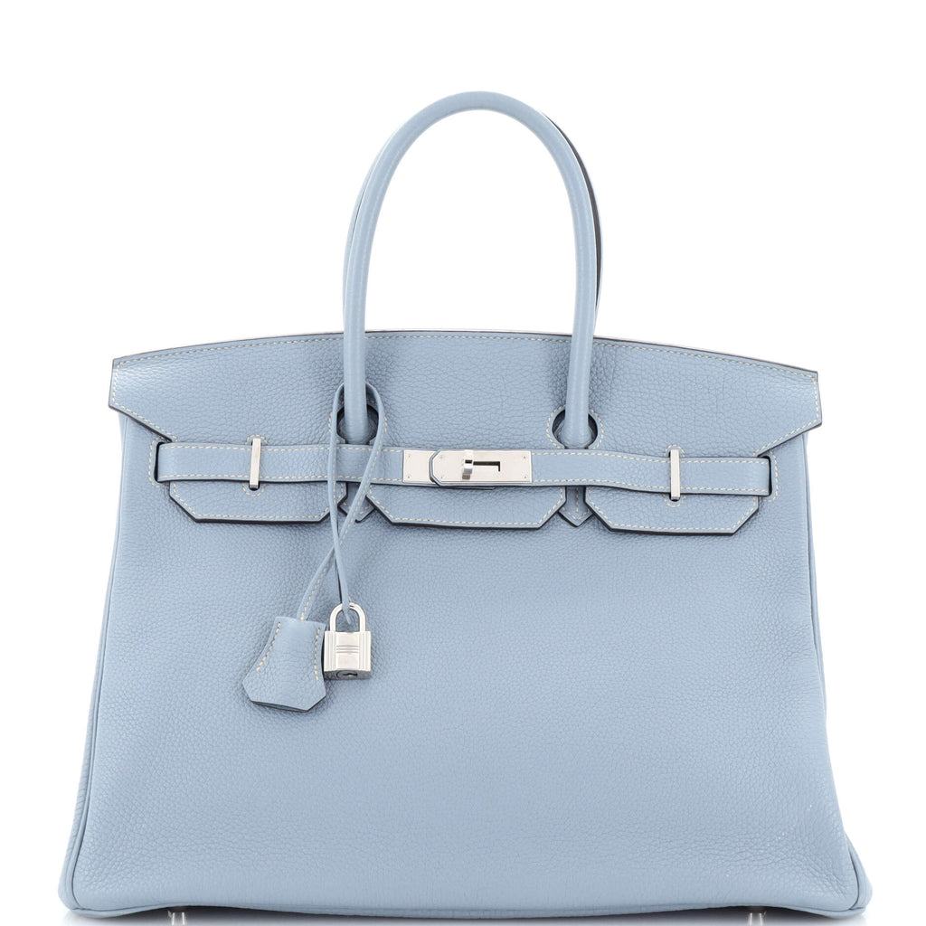 Authentic Hermes Birkin 35cm Bleu Lin Togo Leather Handbag Palladium