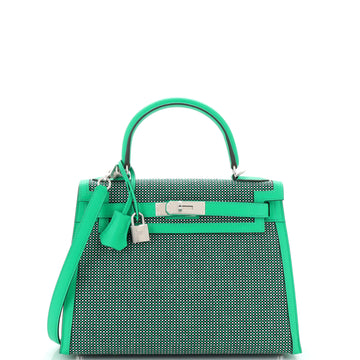 Hermes Kelly Handbag Quadrille Canvas and Green Swift with Palladium Hardware 28
