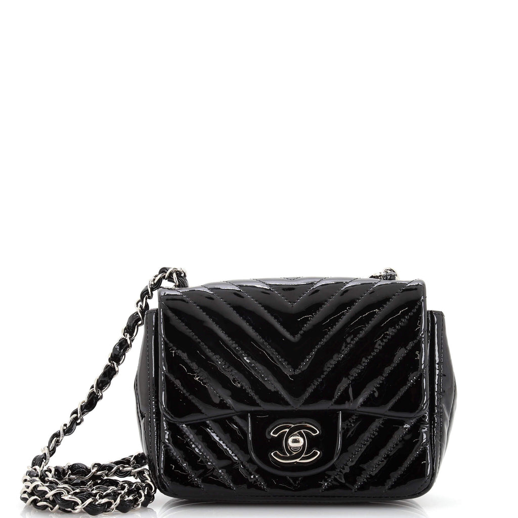 Chanel Square Classic Single Flap Bag Chevron Patent Mini Black