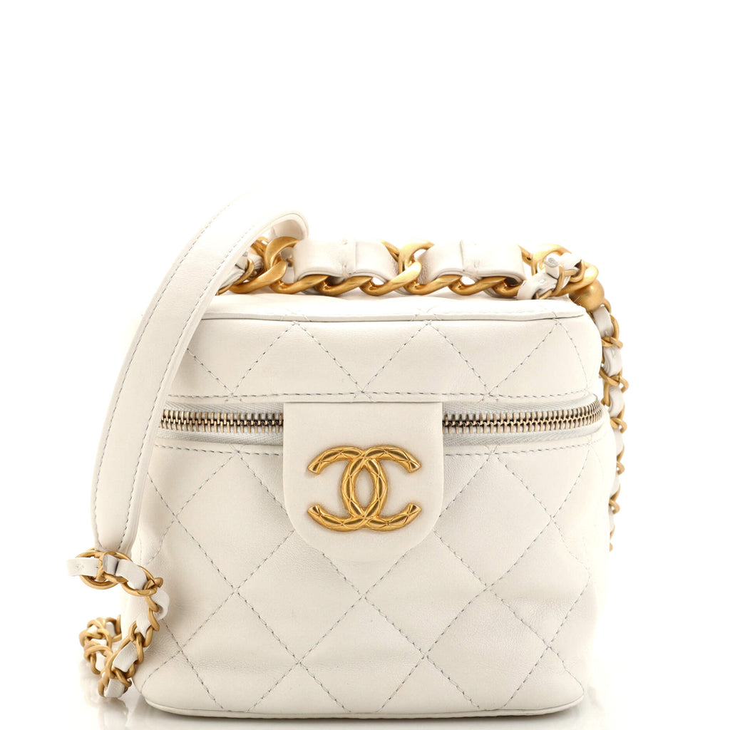 Chanel Chain Bar Vanity Case with Chain Quilted Calfskin Small White  22394375