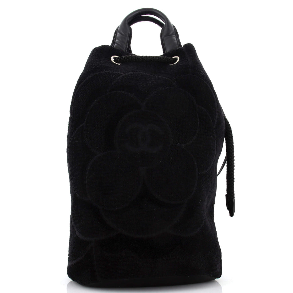 Chanel Camellia Beach Drawstring Sling Backpack Terry Cloth Large Black  22394379
