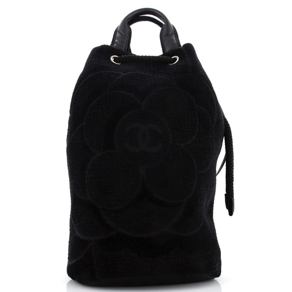Chanel Camellia Beach Drawstring Sling Backpack Terry Cloth Large Black