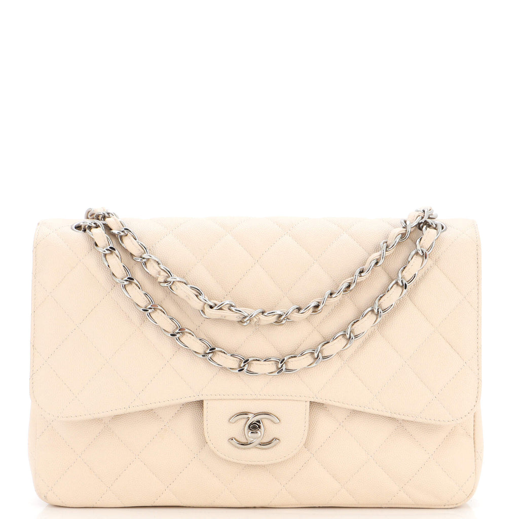 Pre-owned Chanel Cream Caviar Leather Quilted Jumbo Classic Double Flap  Shoulder Bag