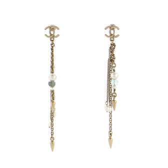 Chanel CC Chain Fringe Drop Earrings Metal with Faux Pearls and Stones