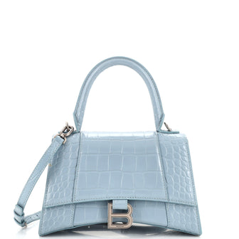 Balenciaga Hourglass Top Handle Bag Crocodile Embossed Leather Mini White