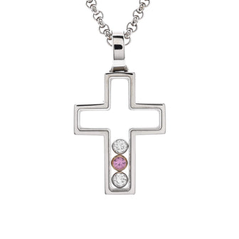 Chopard Happy Diamonds Cross Pendant Necklace 18K White Gold with Floating Diamonds, 18K Rose Gold and Pink Sapphire