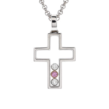 Chopard Happy Diamonds Cross Pendant Necklace 18K White Gold with Floating Diamonds, 18K Rose Gold and Pink Sapphire