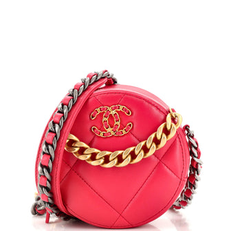 Chanel 19 Round Clutch with Chain Quilted Leather Pink 224646105