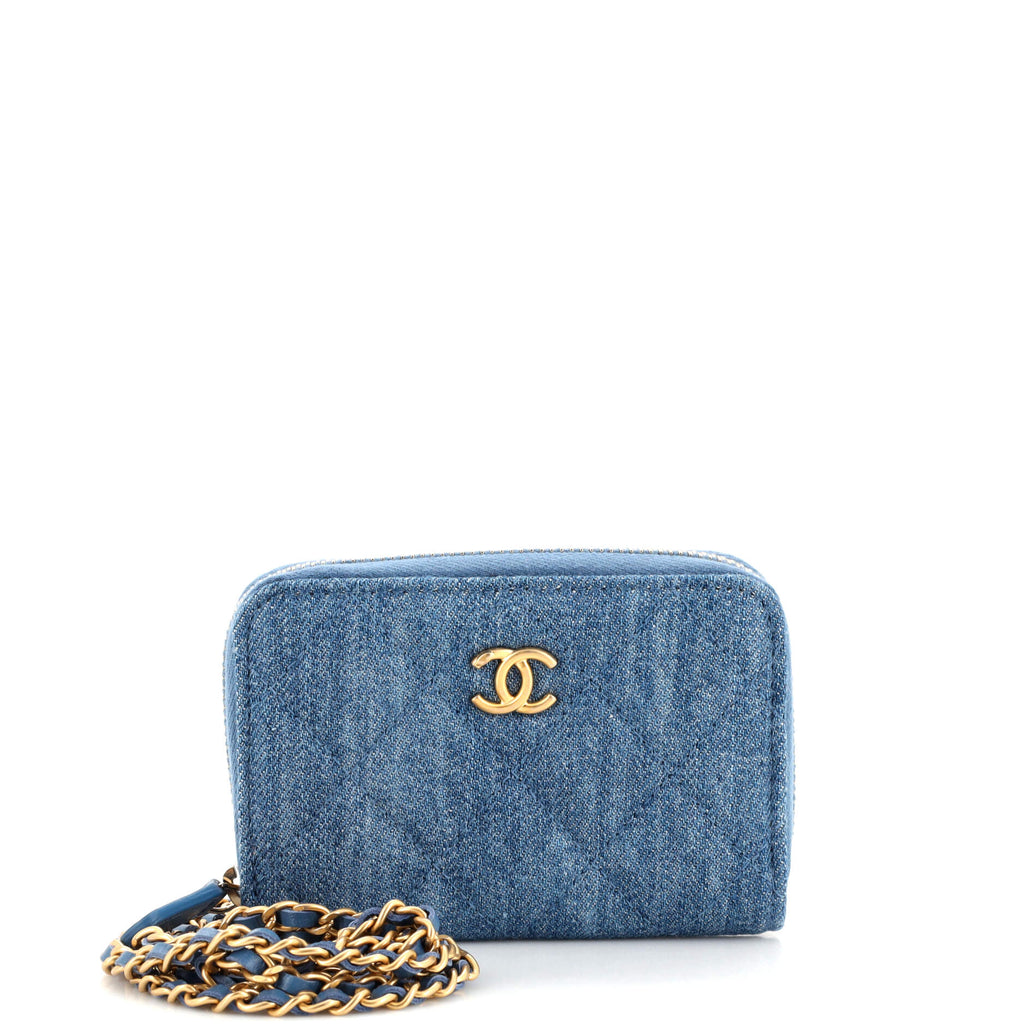 Chanel Pearl Crush Zip Around Card Holder on Chain Quilted Denim Blue  224646161