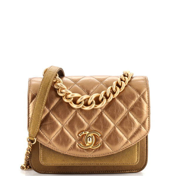 Chanel Chain Handle Flap Bag Quilted Calfskin with Caviar Mini Gold