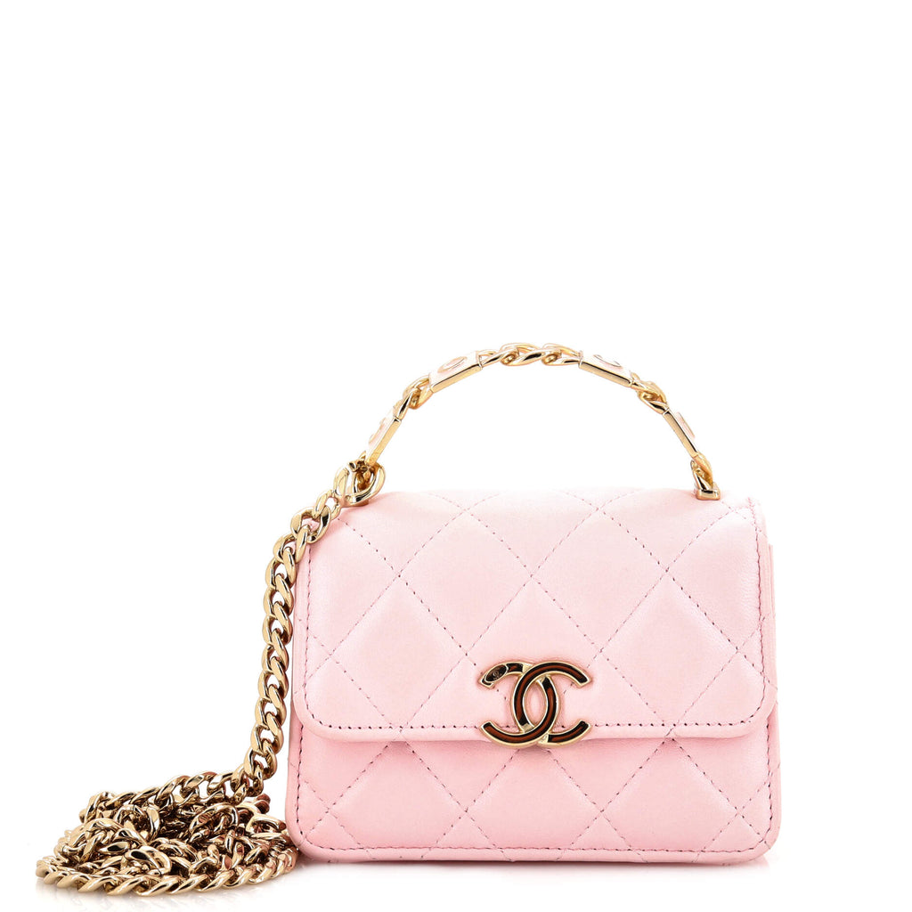 Chanel Enamel Top Handle Clutch with Chain Pink Lambskin Aged Gold Har –  Coco Approved Studio