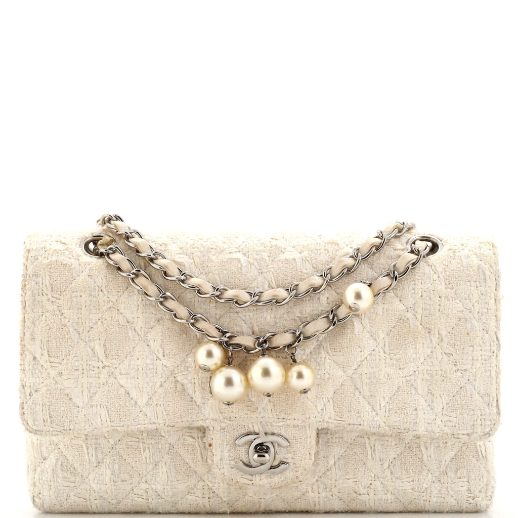 Chanel Vintage Pearl Chain Classic Double Flap Bag Quilted Tweed Medium  White 2247961