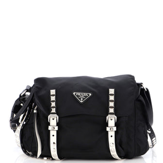 Prada New Vela Flap Messenger Bag Tessuto with Studded Leather Medium
