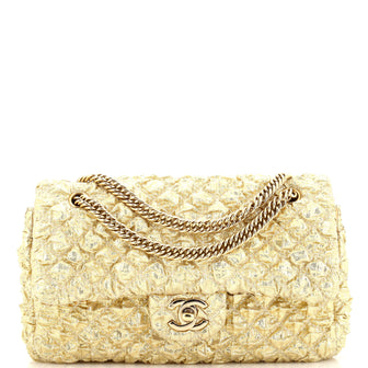 Chanel Bijoux Chain Double Flap Bag Quilted Metallic Bubble Fabric Small Gold