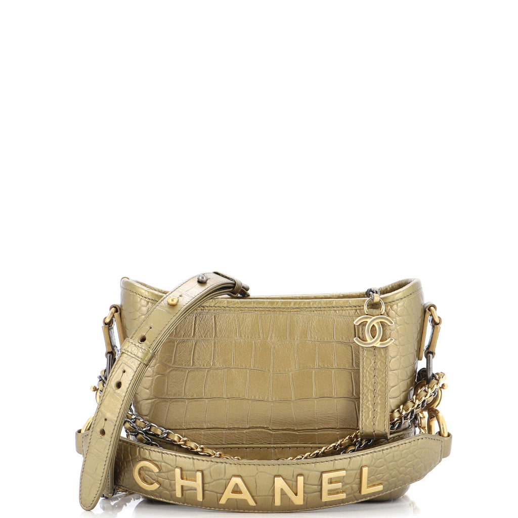 Chanel Gabrielle Hobo with Logo Handle Crocodile Embossed Calfskin Small  Gold 224797234