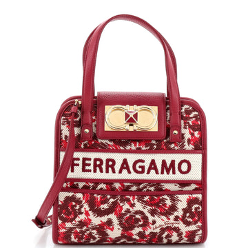 Salvatore Ferragamo Iconic Double Gancini Tote Bag Printed Canvas with Leather Mini