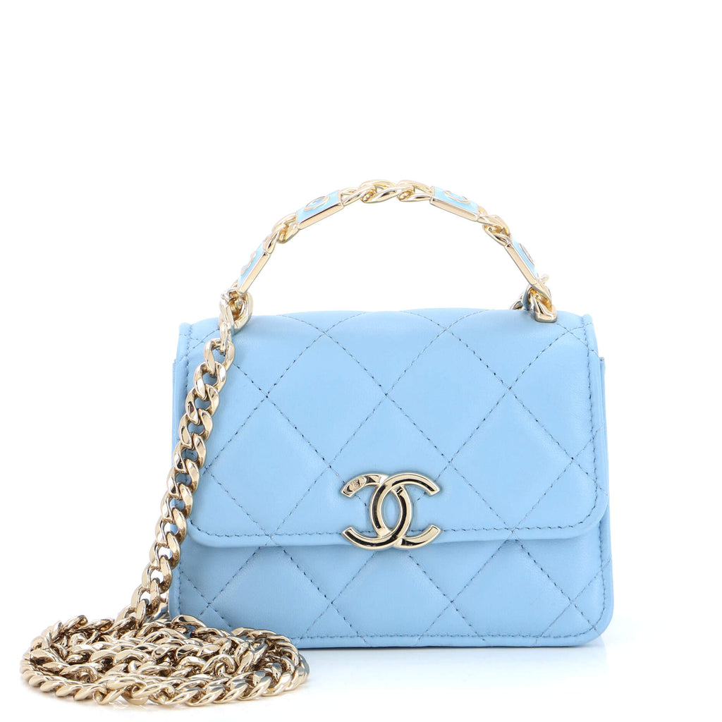 CHANEL Lambskin Enamel Quilted Clutch With Chain, Light Blue, NEW