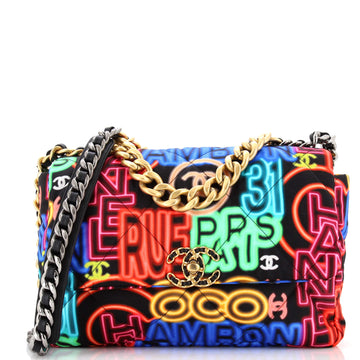 Chanel 19 Flap Bag Quilted Graffiti Print Fabric Large