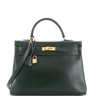 Hermes Kelly Handbag Green Box Calf with Gold Hardware 35