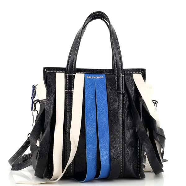 Balenciaga Bazar Convertible Tote Fringe Striped Leather XS Black