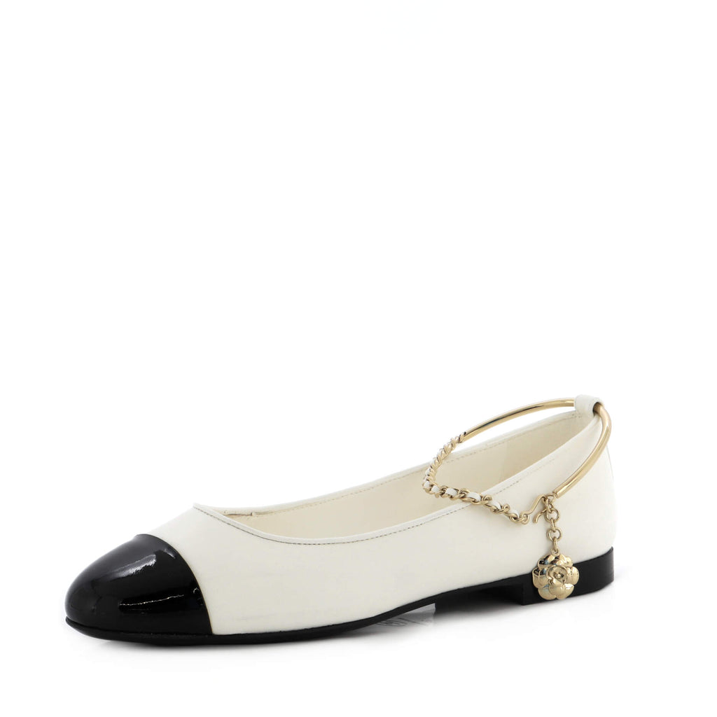 Chanel Women's Cap Toe Ankle Chain Ballerina Flats Leather White 2248426
