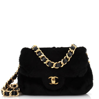 Chanel CC Bar Chain Handle Flap Bag Quilted Shearling Small