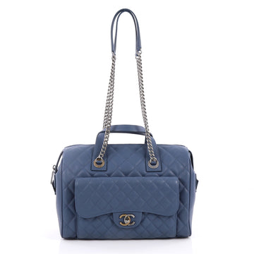 Chanel Two-Tone Front Pocket Bowling Bag Quilted Caviar Medium Blue