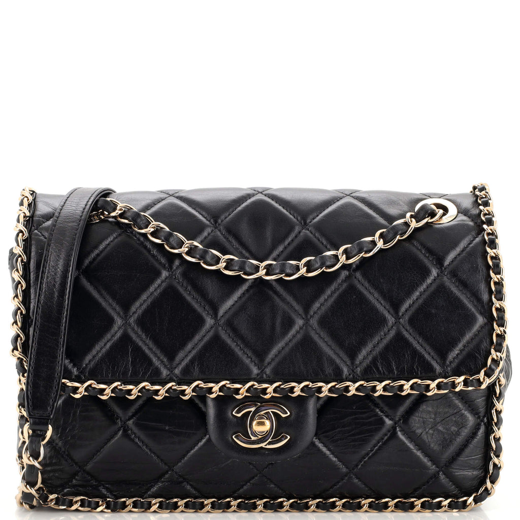 Chanel Running Chain Around Flap Bag Quilted Crumpled Calfskin Medium Black  2250211