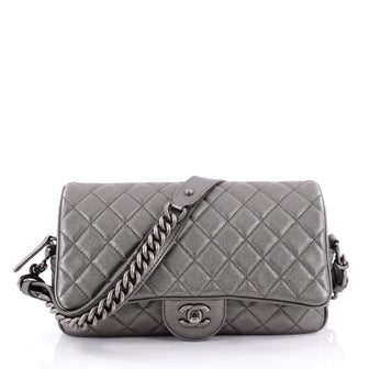 Chanel Airlines Chain Handle Flap Bag Quilted Goatskin Small Gray
