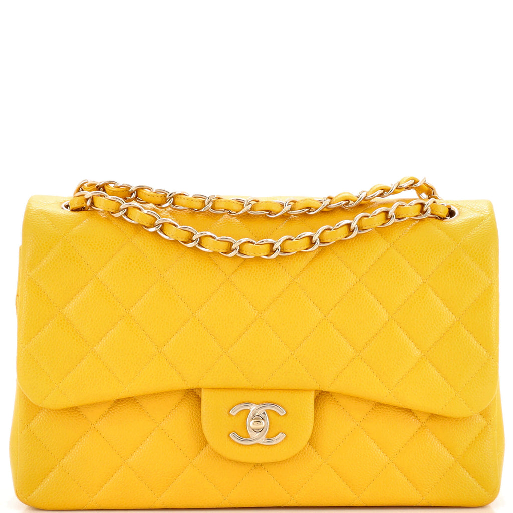 Chanel Classic Double Flap Bag Quilted Caviar Jumbo Yellow 2252361