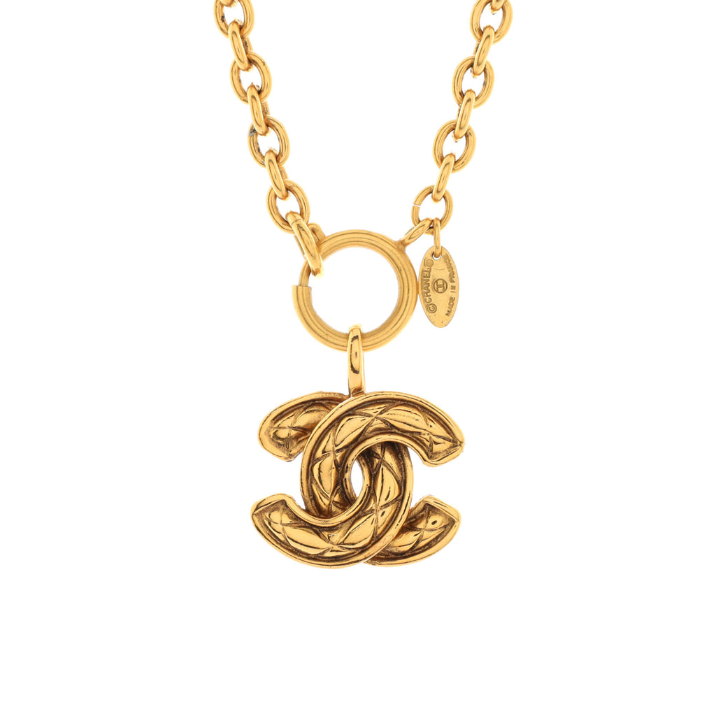Chanel Vintage Quilted CC Pendant Necklace Metal Large Gold 225262140