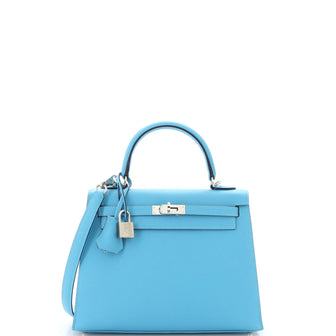 Hermes Kelly Handbag Blue Epsom with Palladium Hardware 25