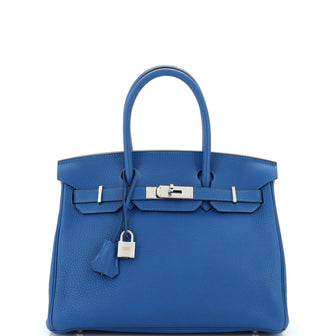 Hermes Birkin Handbag Blue Clemence with Palladium Hardware 30