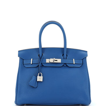 Hermes Birkin Handbag Blue Clemence with Palladium Hardware 30