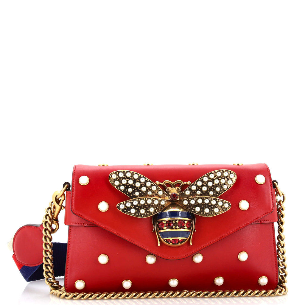 Gucci Broadway Pearly Bee Shoulder Bag Embellished Leather Mini Red | eBay