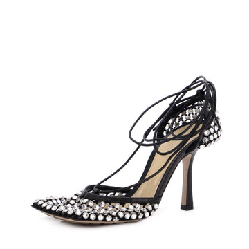 Bottega Veneta Women's Sparkle Stretch Heeled Sandals Crystal Embellished Mesh and Leather
