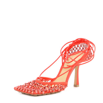 Bottega Veneta Women's Sparkle Stretch Heeled Sandals Crystal Embellished Mesh and Leather